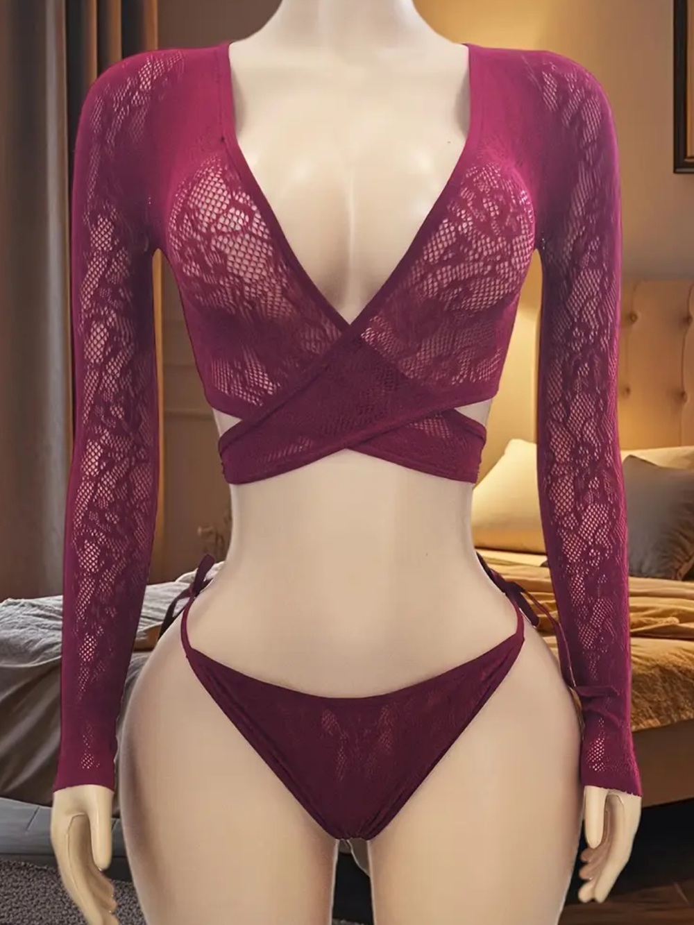 Dark Red, Fishnet Wrapped, Lingerie Set